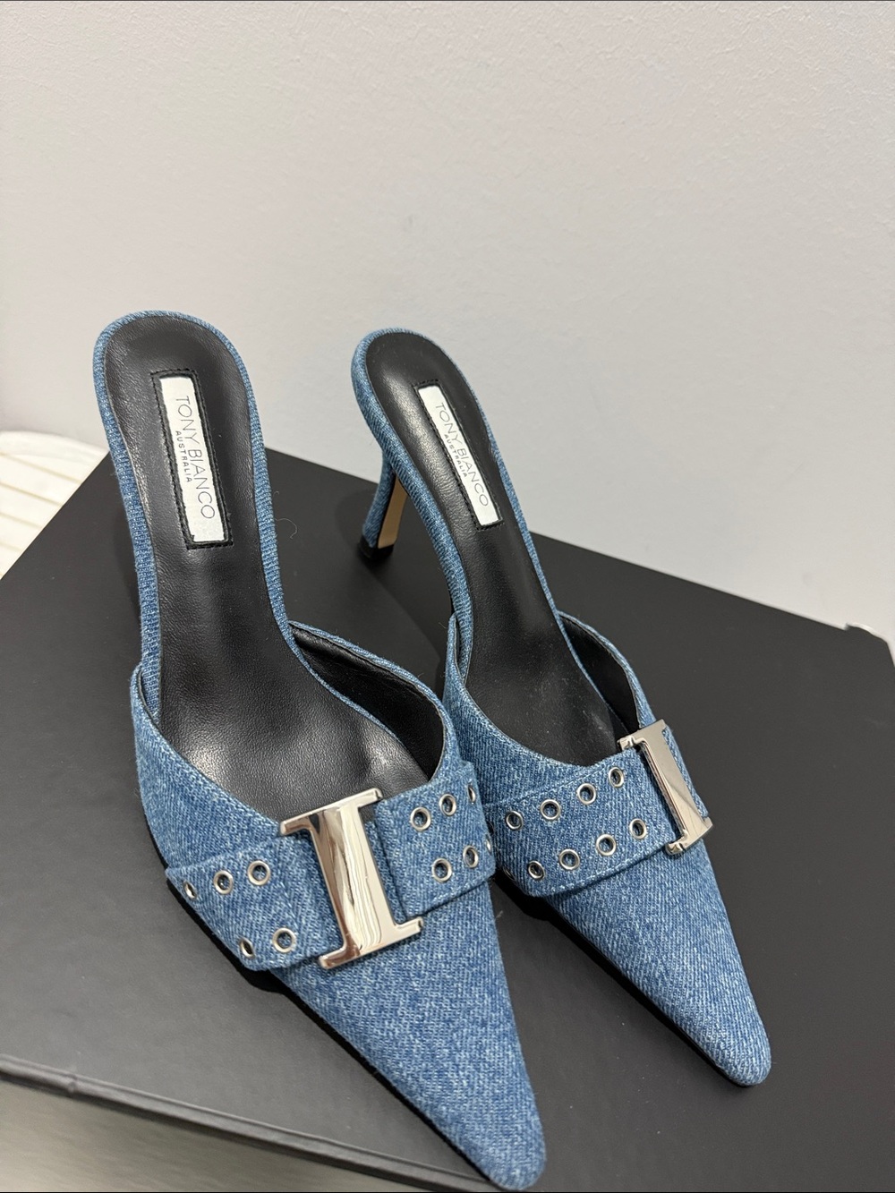 Tony Bianco Denim Pointed Toe Mule Heels with Silver Buckle